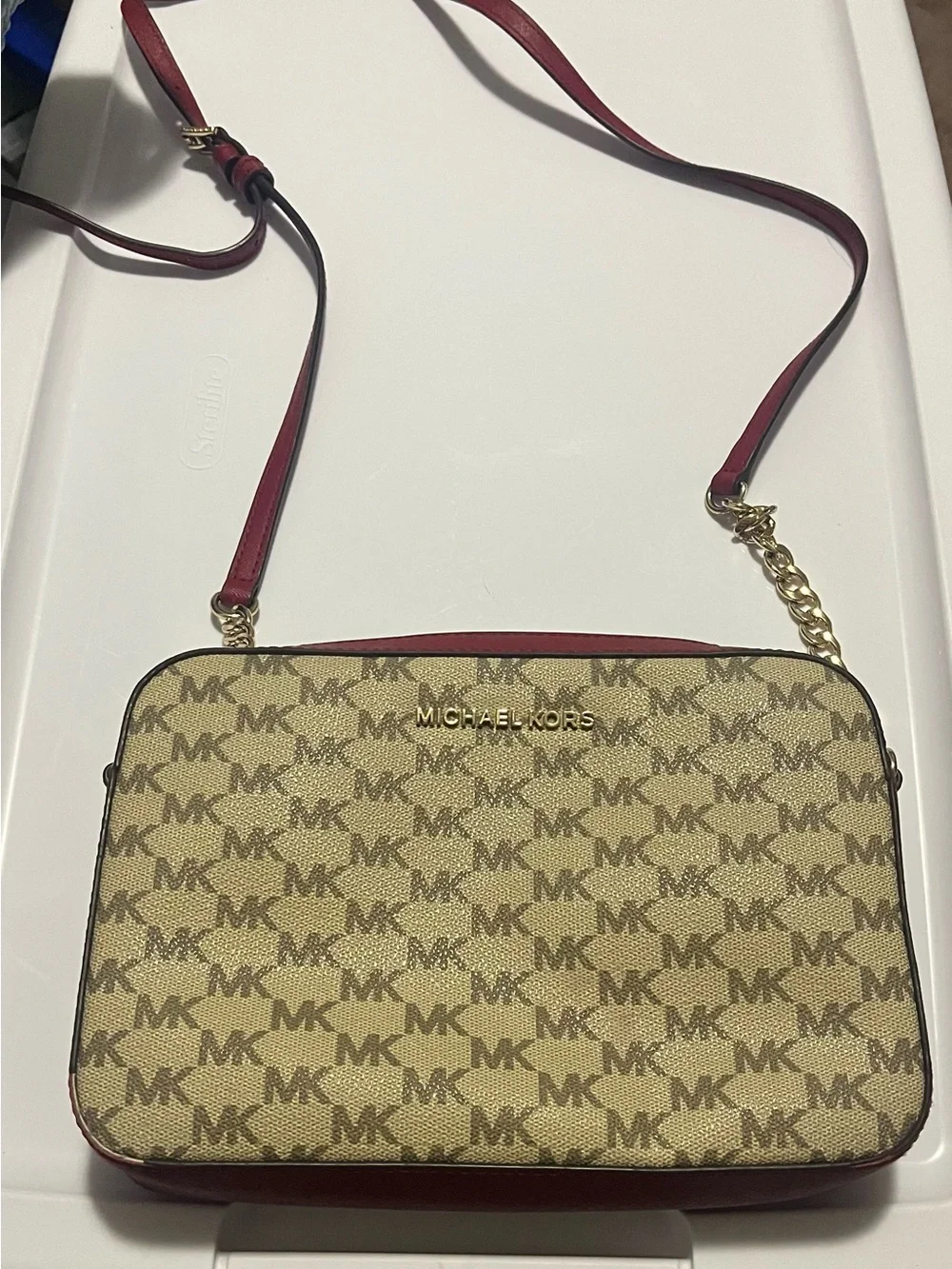 Michael Kors  Beige Monogram Crossbody with Burgundy Trim